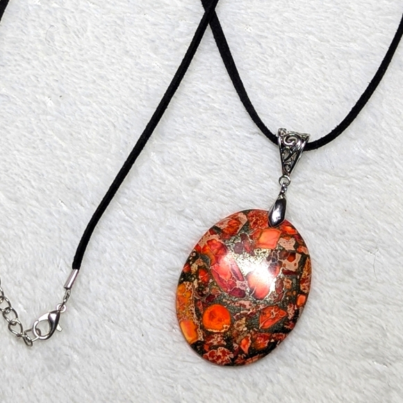 Lovely Large Oval Painted Jasper Necklace/Pendant on Black Adustable Cord - Picture 7 of 10